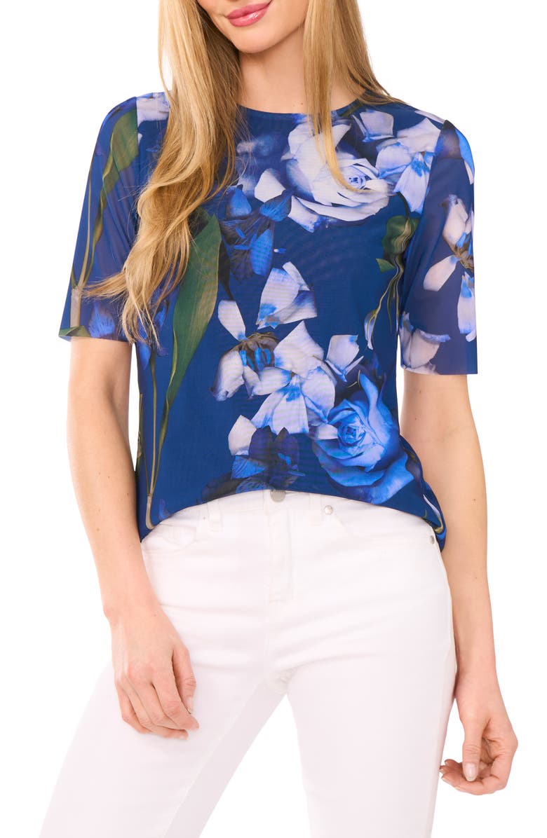 Ted Baker Floral Mesh Top, Main, color, Classic Navy