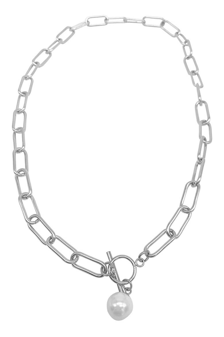 8mm Imitation Pearl Charm Toggle Necklace, Main, color, WHITE/ SILVER