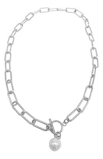 Adornia Tarnish Resistant Silver Plated Paper Clip Toggle Necklace With Pearl In White/silver
