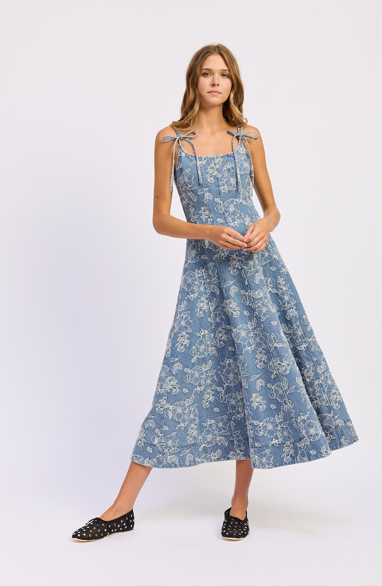 En Saison Opal Embroidered Floral Denim Midi Dress, Alternate, color, Medium Wash Denim
