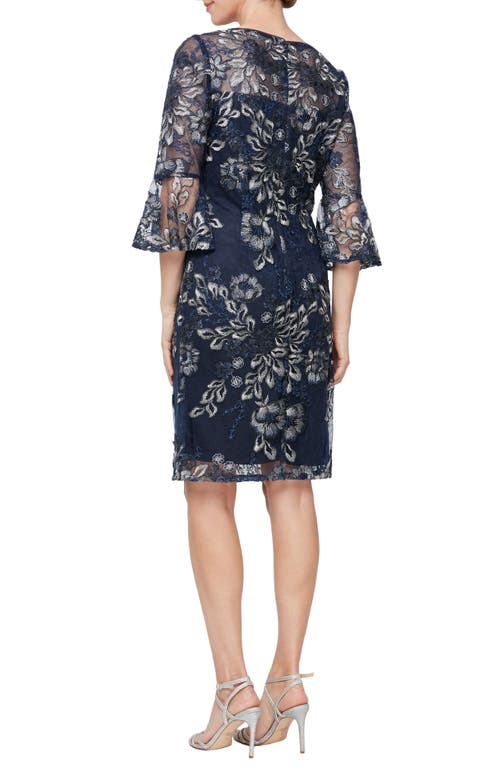 Alex Evenings Metallic Floral Embroidered Sheath Dress In Navy/silver