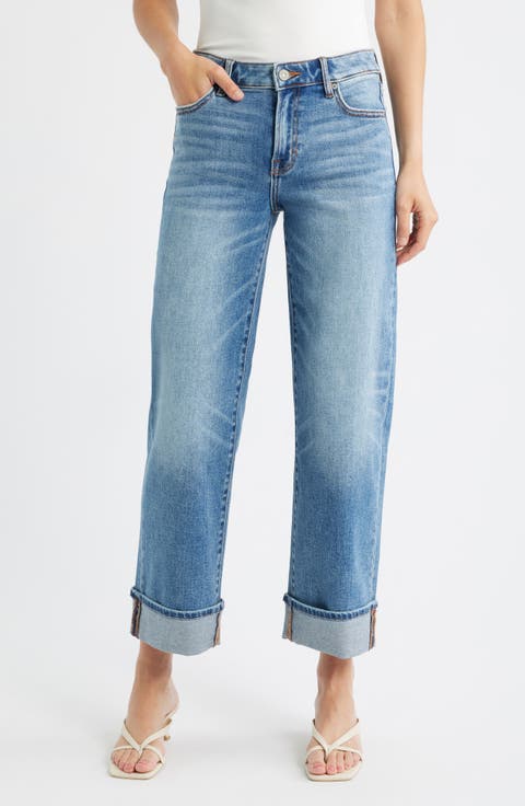 Cuffed Mid Rise Straight Leg Jeans