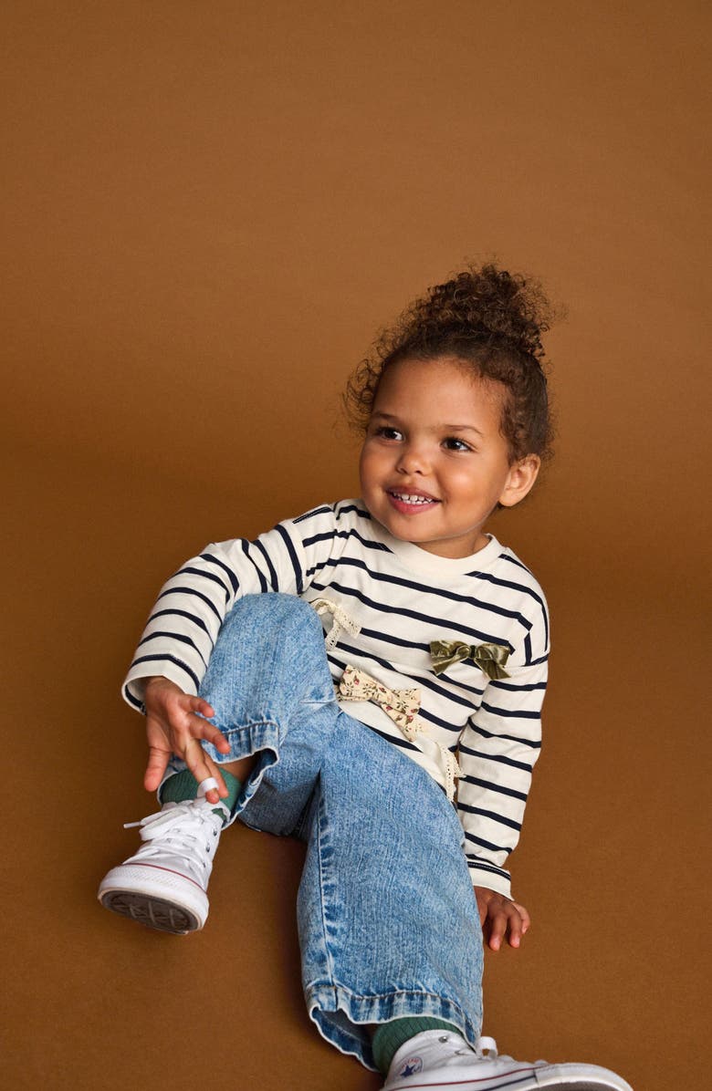 NEXT Kids' Stripe Bow Appliqué Cotton Top, Alternate, color, Neutral