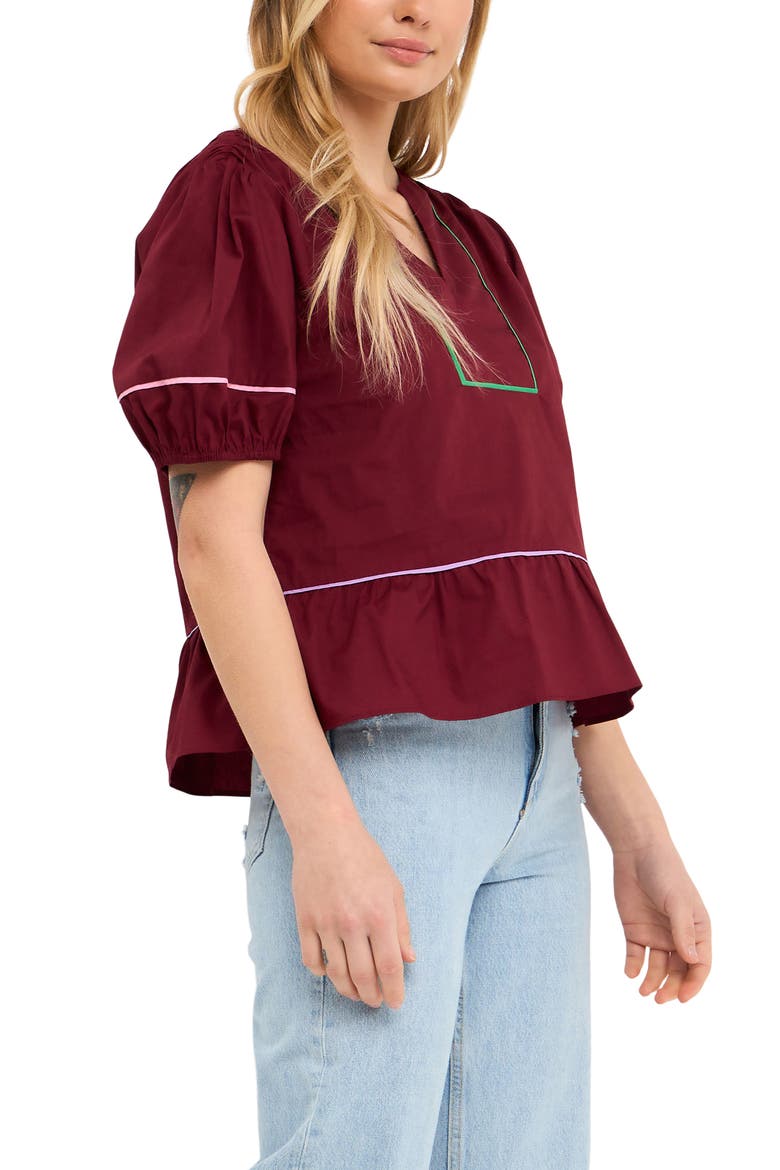 Piping Detail Puff Sleeve Top, Alternate, color, BURGUNDY