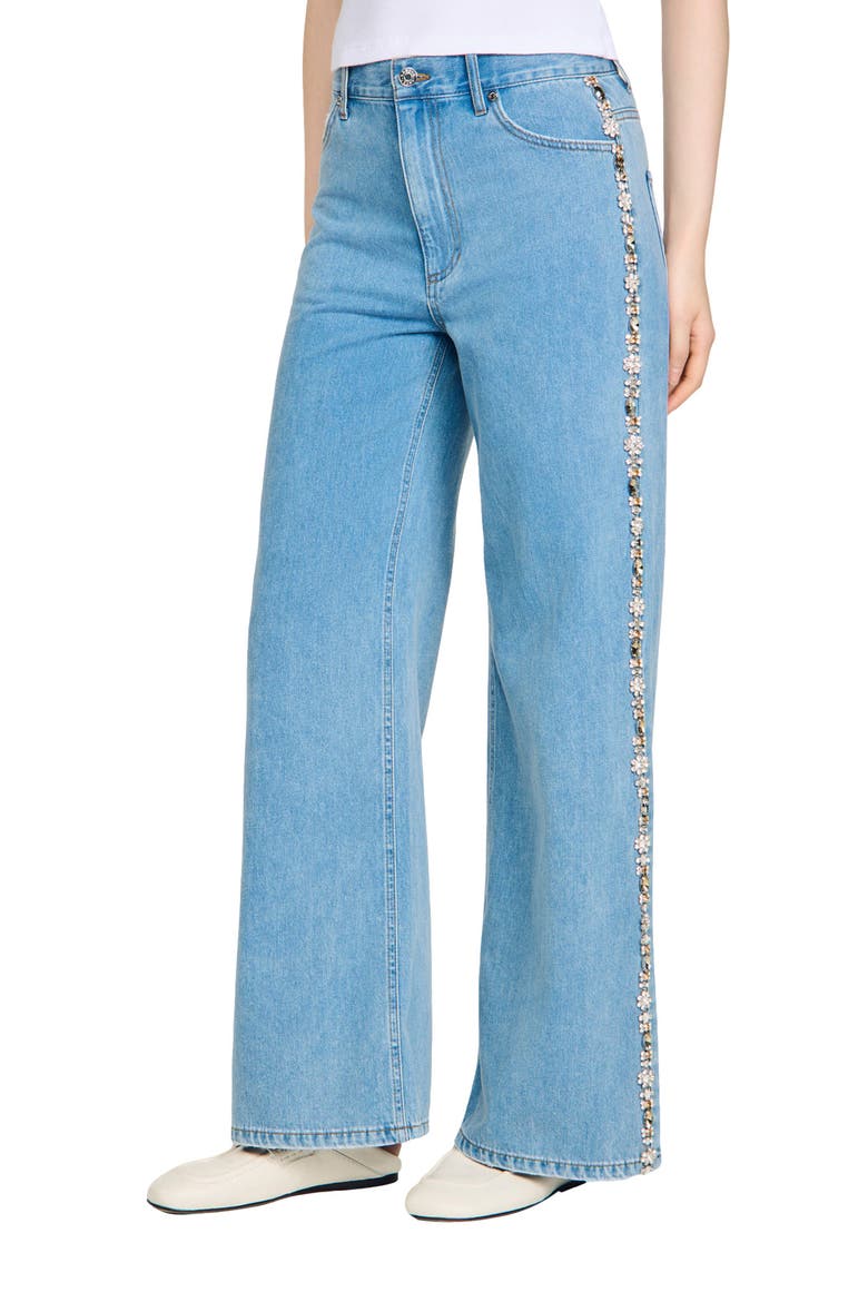 Faded straight-leg rhinestone jeans, Main, color, Blue jean