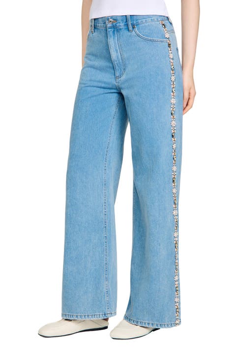 Faded straight-leg rhinestone jeans