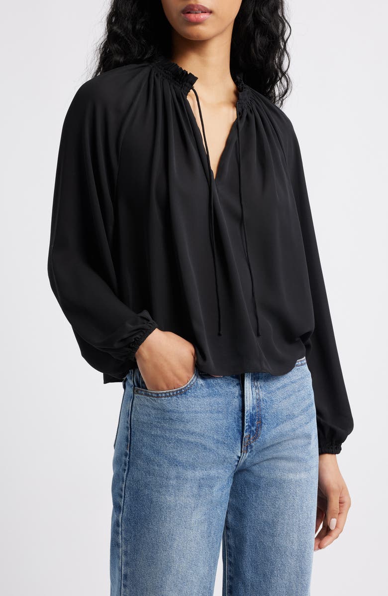 Madewell Long-Sleeve Tie-Neck Top, Main, color, Jet Black