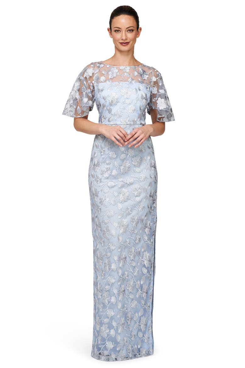 Brooke Floral Embroidered Column Gown, Alternate, color, SILVER/ AZURE