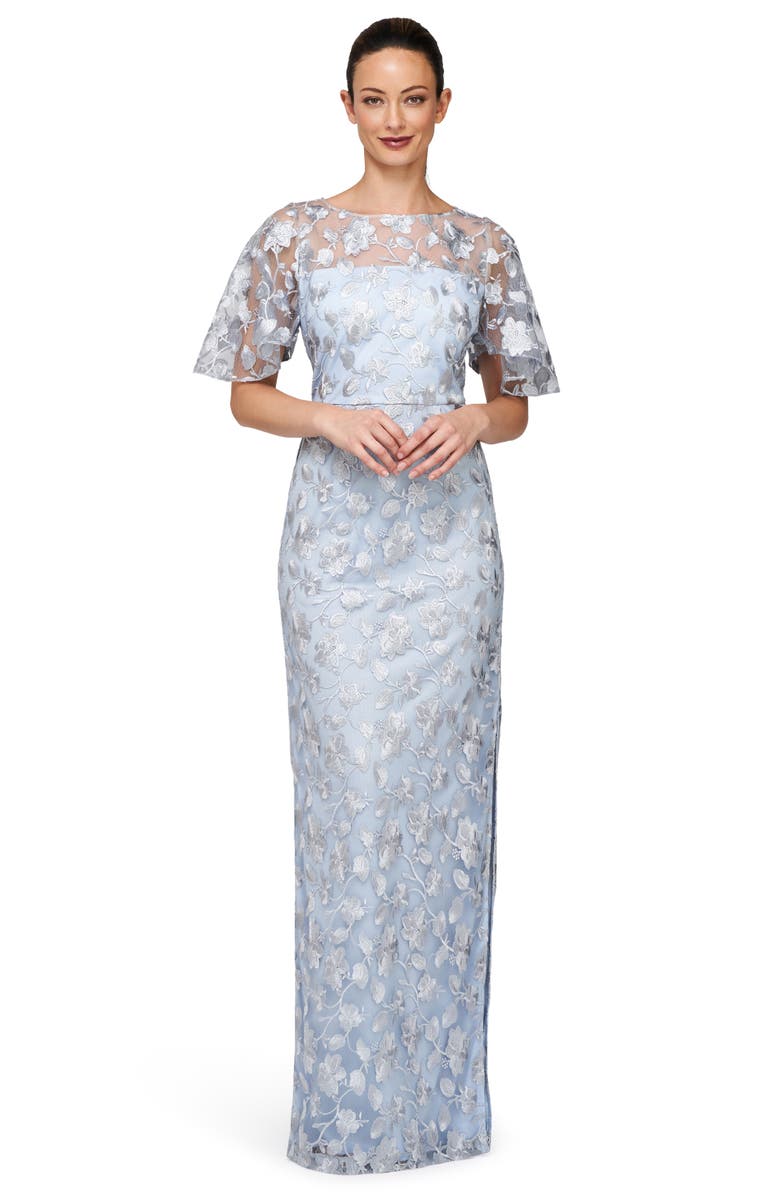 JS Collections Brooke Floral Embroidered Column Gown, Alternate, color, Silver/ Azure