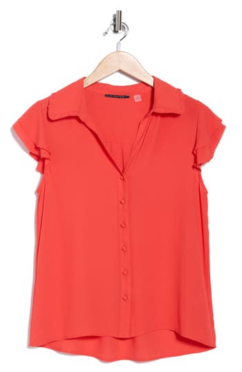 T Tahari Tiered Flutter Sleeve Button-up Shirt In Red