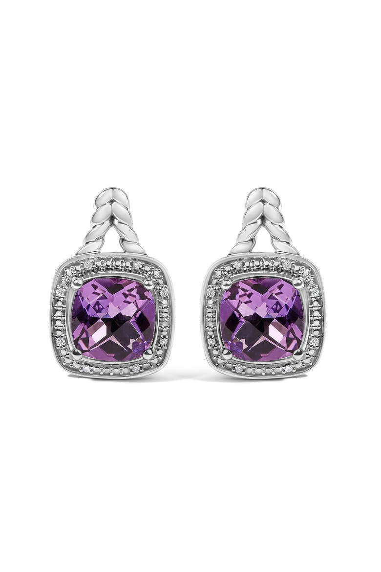 Sterling Silver Cushion Cut Amethyst and Diamond Accent Halo Drop Earrings, Main, color, Silver