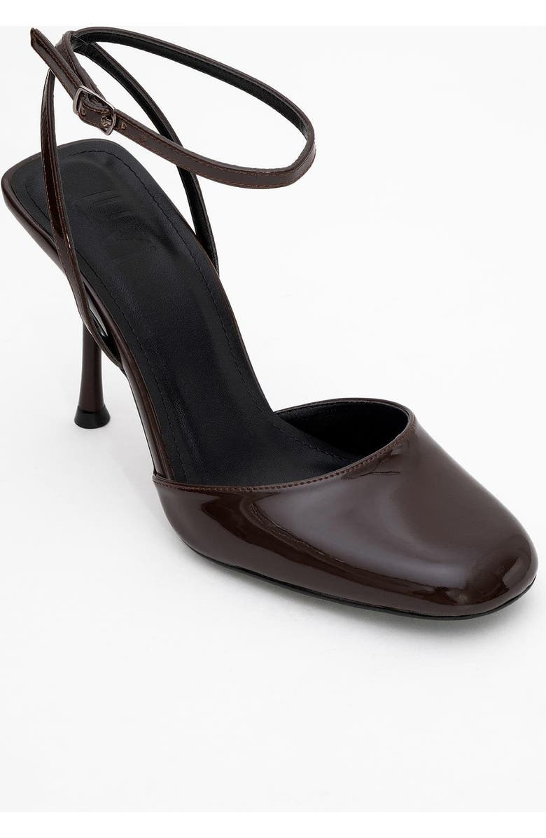 Prologue Shoes Blues Round Toe Ankle Strap Pump, Main, color, Brown Patent