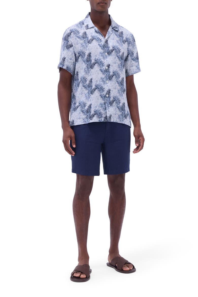 Jackson Floral Leaf Print Linen Camp Shirt, Alternate, color, TEAL
