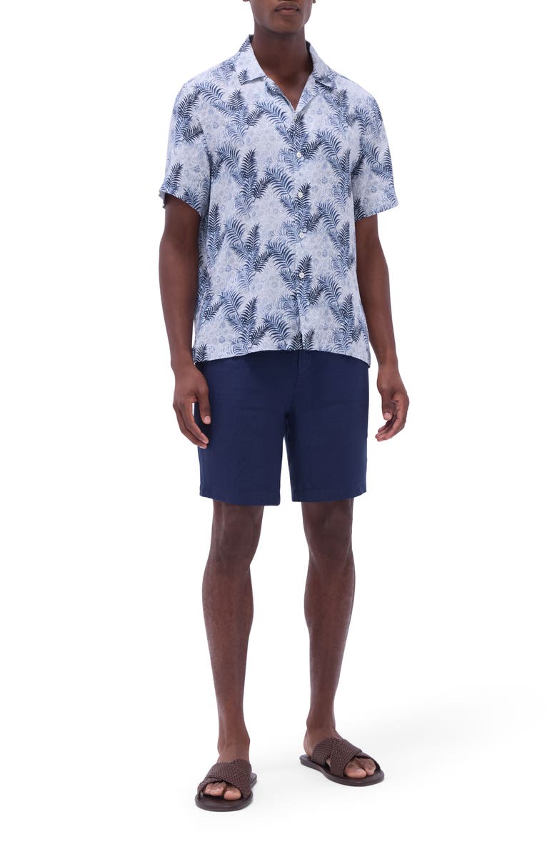 Bugatchi Jackson Floral Leaf Print Linen Camp Shirt, Alternate, color, Teal