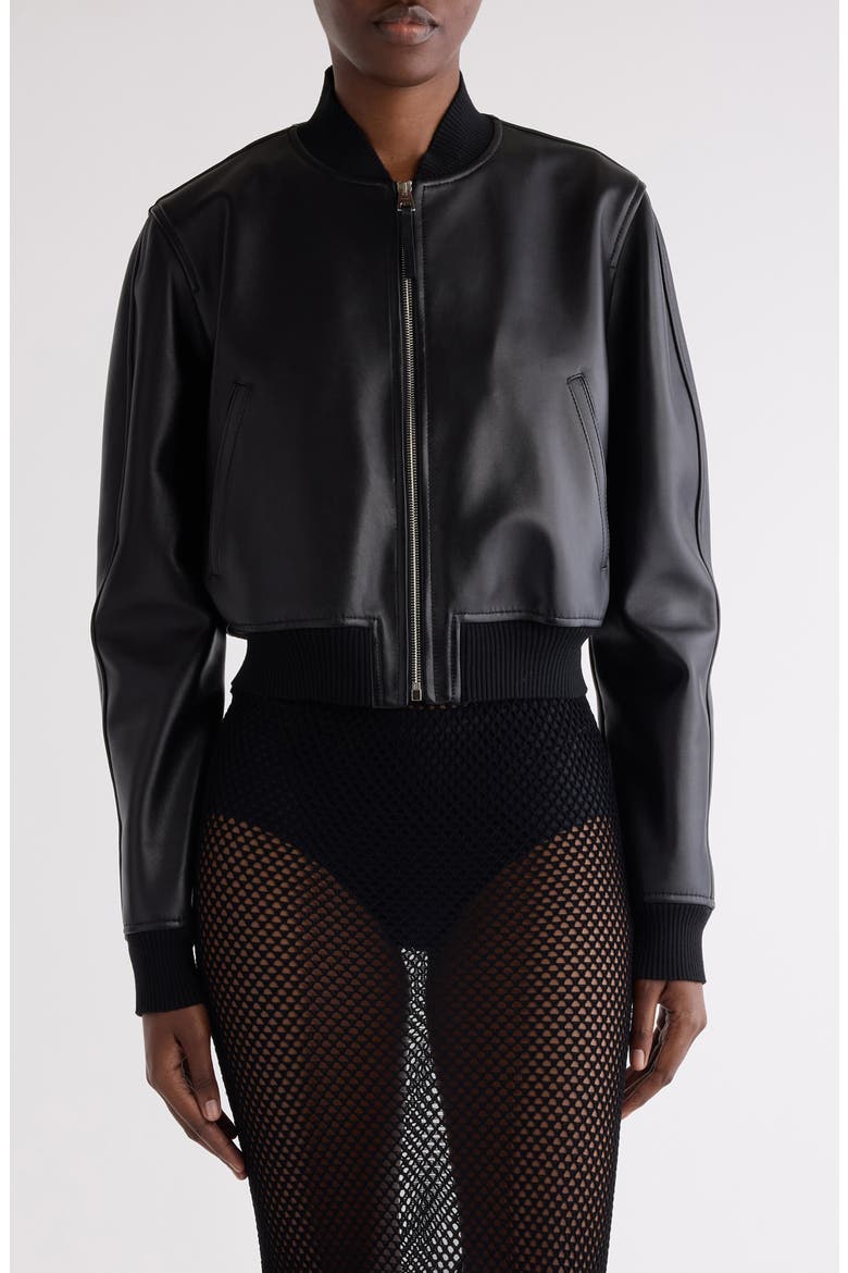 Cropped Leather Bomber Jacket, Main, color, BLACK