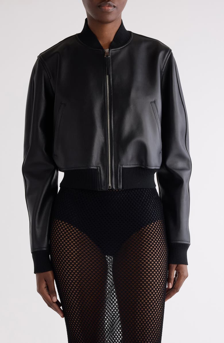 Givenchy Cropped Leather Bomber Jacket, Main, color, Black
