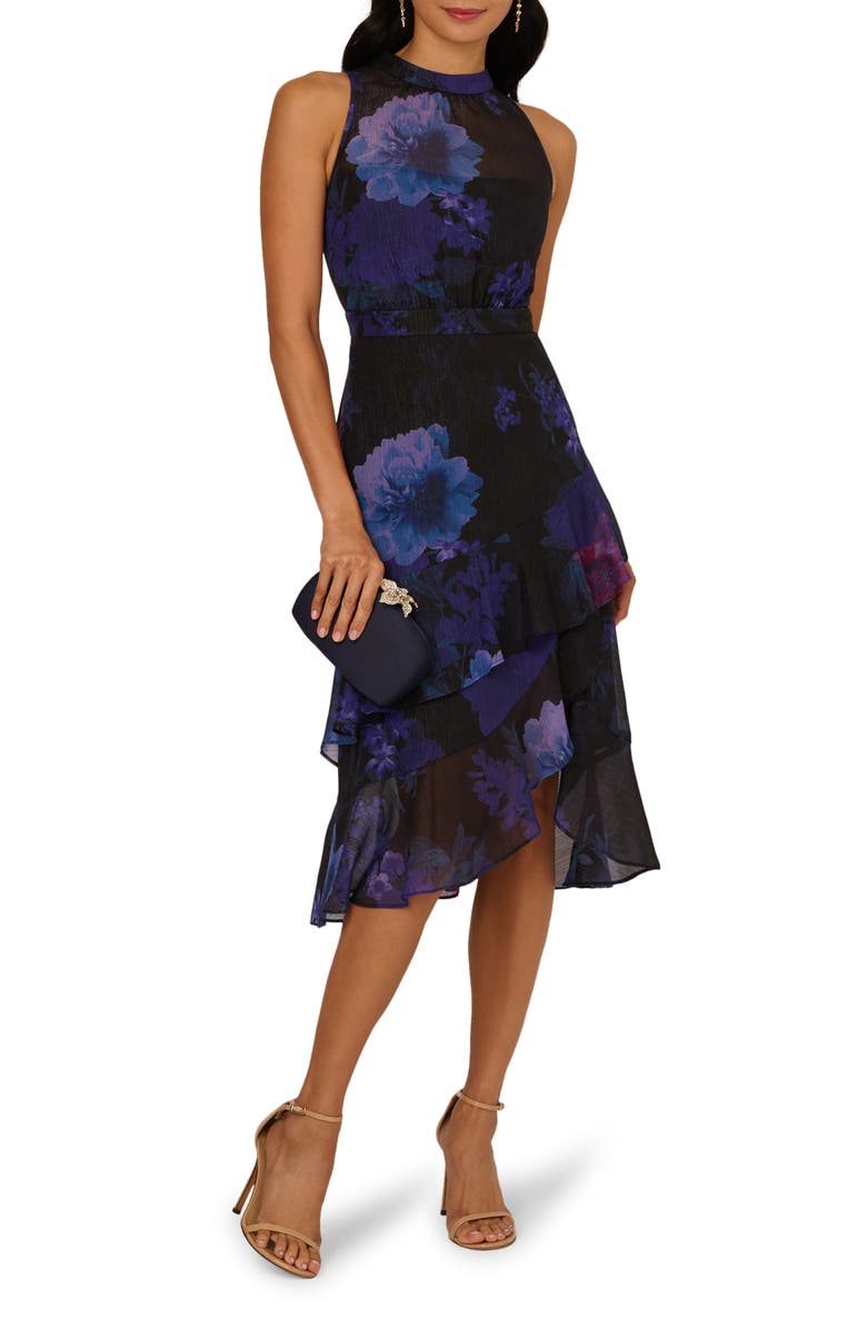 Adrianna Papell Glitter Floral Ruffle Midi Dress, Alternate, color, Black Multi