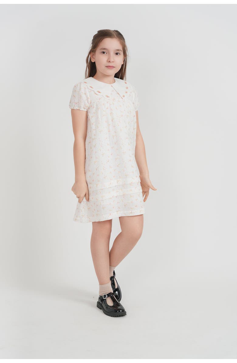 Space Grey Floral Gauze Dress with Scallop Collar, Alternate, color, White