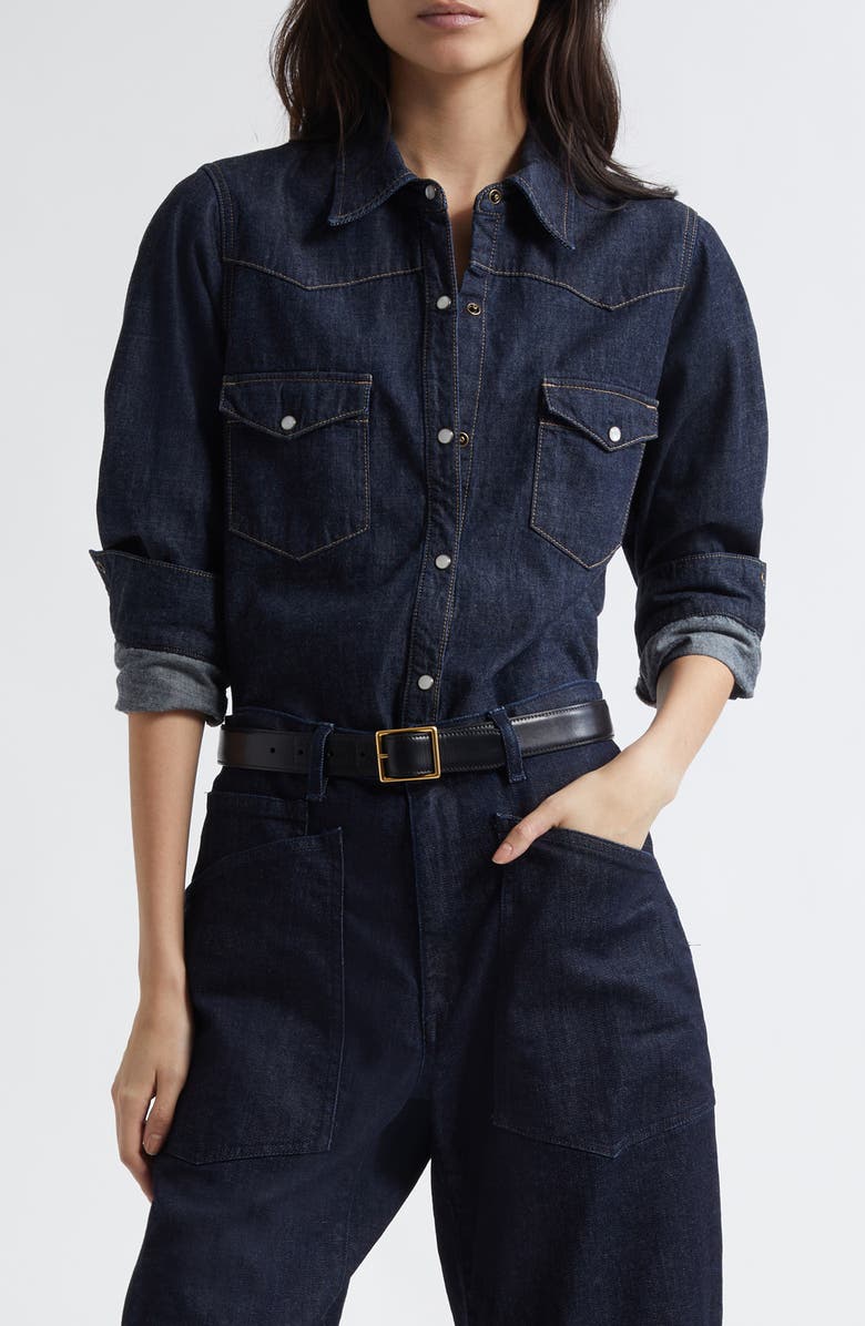 Nili Lotan Travis Long Sleeve Chambray Shirt, Main, color, Indigo Rinse