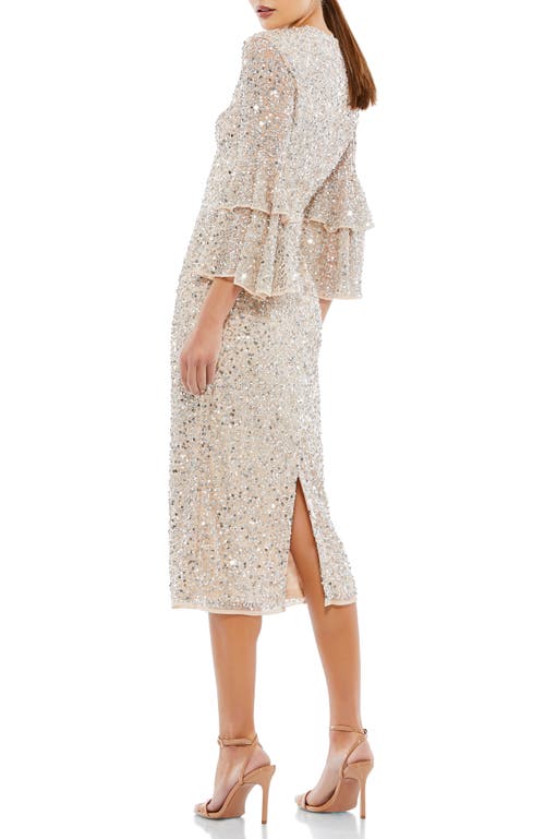 Mac Duggal Fully Sequined Ruffle Tiered 3/4 Sleeve Midi Dress In Nude