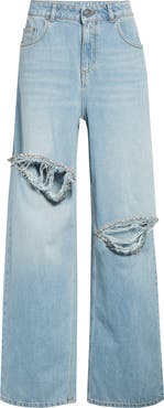 Area Distressed Crystal Trim Relaxed Slit Jeans
