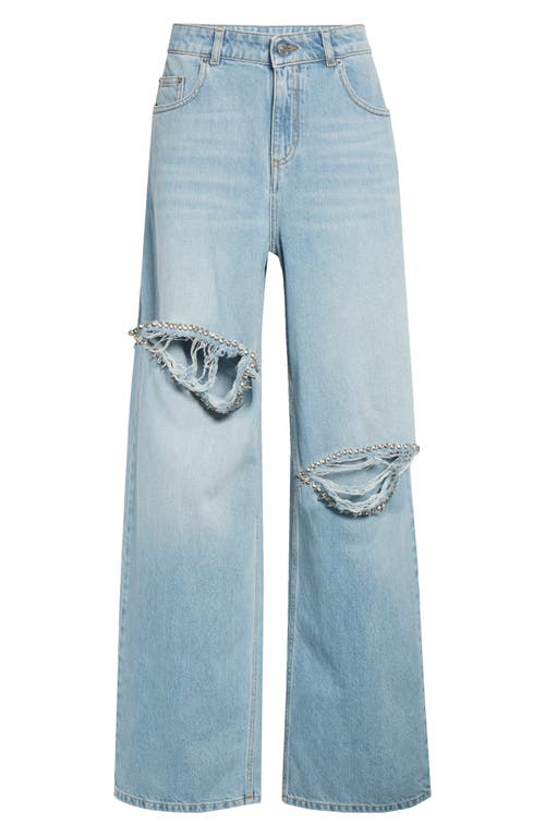 Area Distressed Crystal Trim Relaxed Slit Jeans In Blue