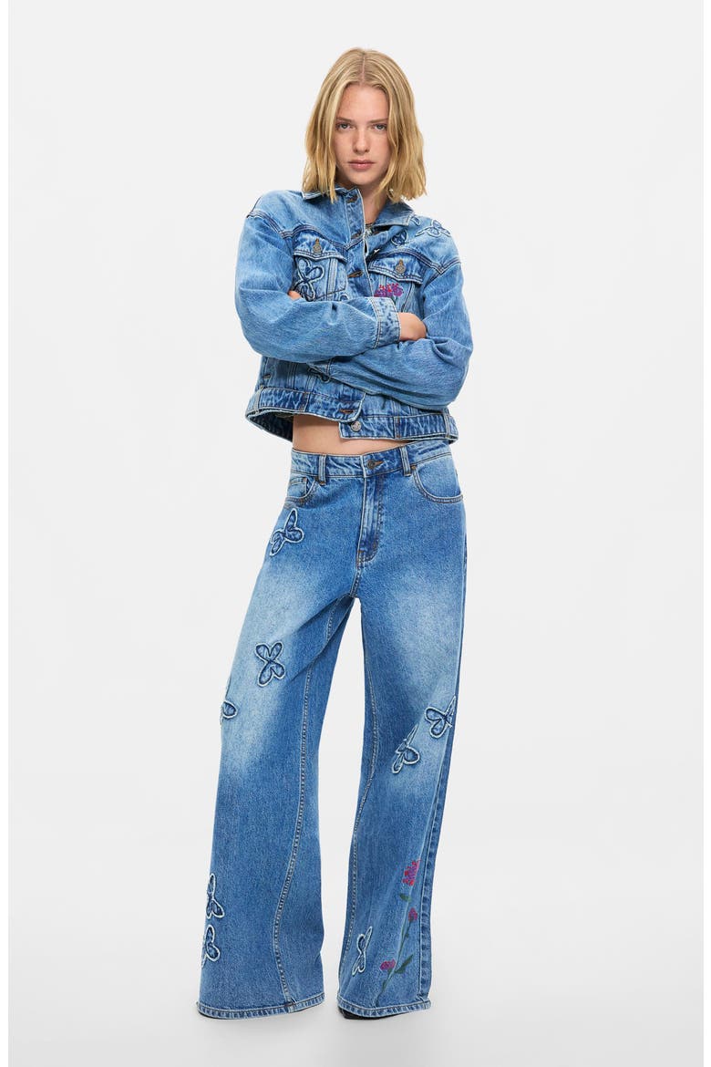 Floral Embroidered Butterfly Appliqué Wide Leg Jeans, Alternate, color, MEDIUM BLUE