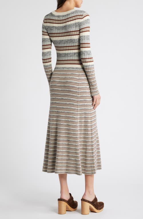 Treasure & Bond Stripe Long Sleeve Rib Midi Sweater Dress In Grey- Brown Vary Stripe