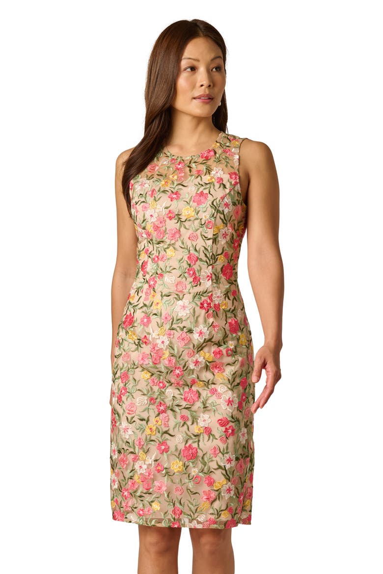 Floral Embroidered Illusion Sheath Dress, Alternate, color, CORAL MULTI