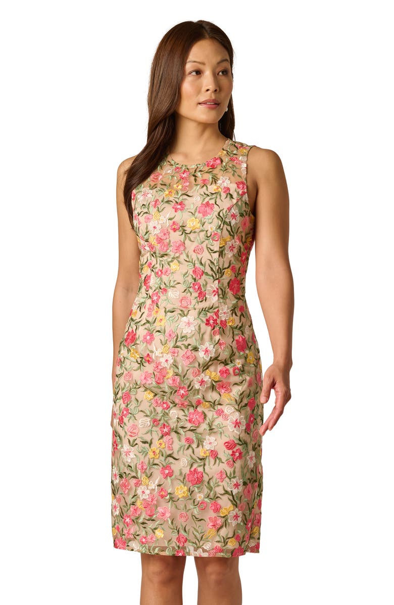 Adrianna Papell Floral Embroidered Illusion Sheath Dress, Alternate, color, Coral Multi