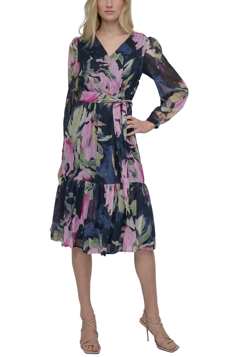 Floral V-Neck Long Sleeve Midi Fit & Flare Dress, Main, color, NAVY/ PINK