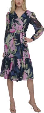 DKNY Floral V-Neck Long Sleeve Midi Fit & Flare Dress