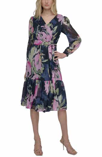 DKNY Floral V-Neck Long Sleeve Midi Fit & Flare Dress