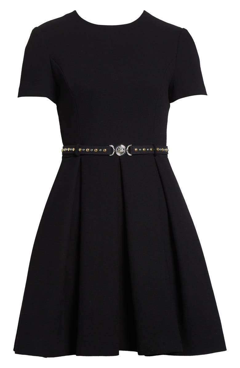 Versace Medusa '95 Belted Double Face Virgin Wool Crepe Fit & Flare Dress, Main, color, Black