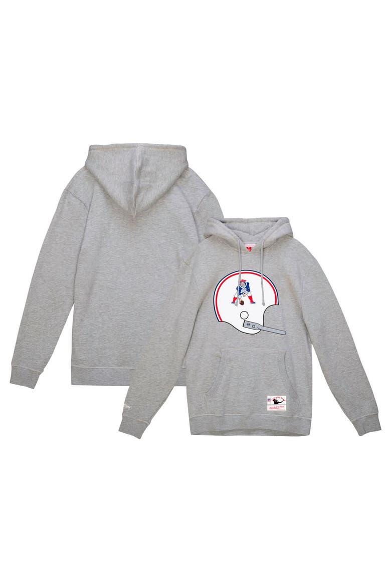 Men's Mitchell & Ness Heather Gray New England Patriots Helmet Logo Vintage Pullover Hoodie, Alternate, color, Heather Gray