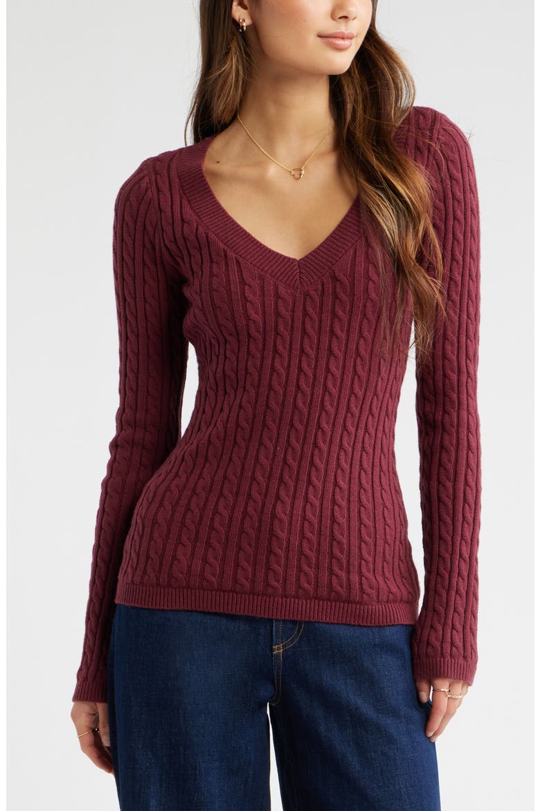 Cable Stitch V-Neck Sweater, Main, color, BURGUNDY TANNIN