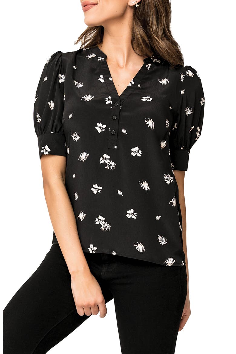 Floral Print Woven Henley Blouse, Main, color, BLK FLRL