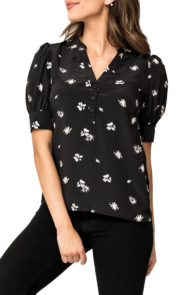 GIBSONLOOK Floral Print Woven Henley Blouse, Main, color, Black Floral