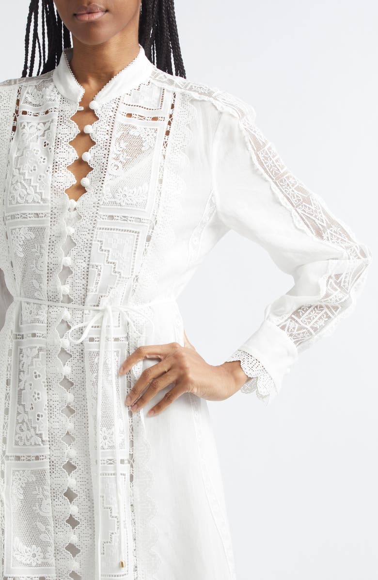 Zimmermann Aster Embroidered Lace Trim Long Sleeve Midi Dress, Alternate, color, Ivory