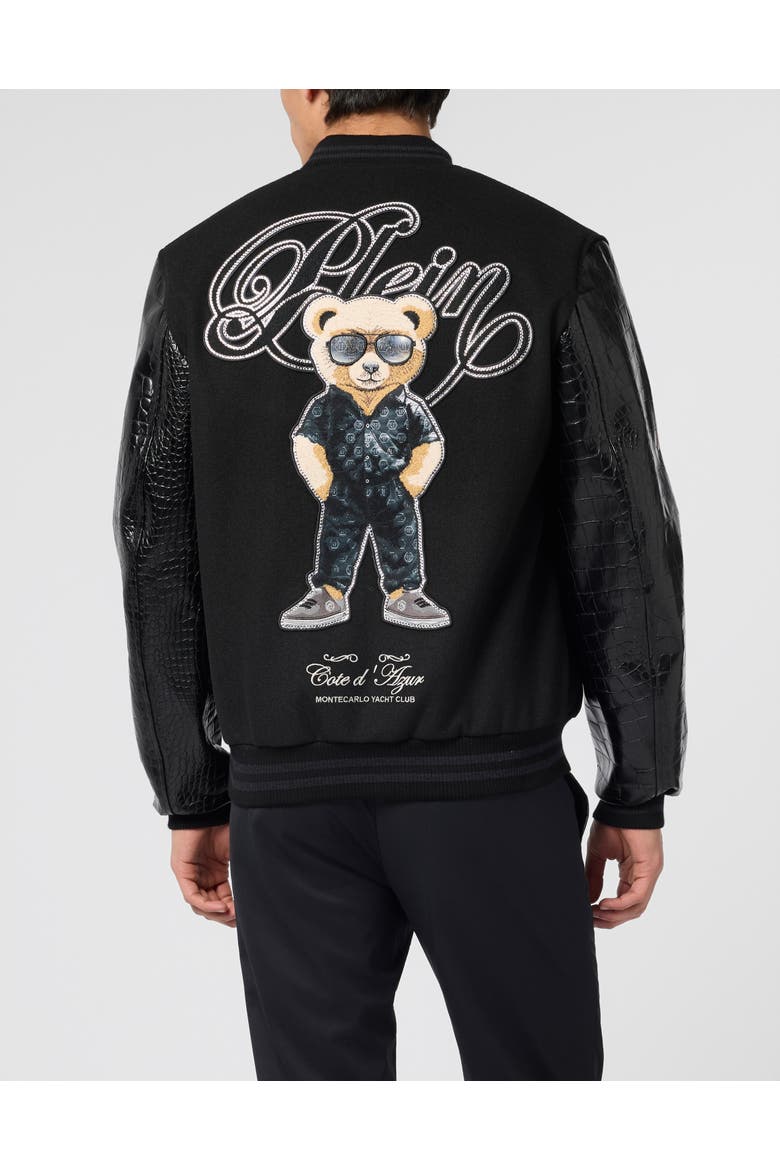 Varsity Bomber Jacket Teddy Racer Men, Alternate, color, black