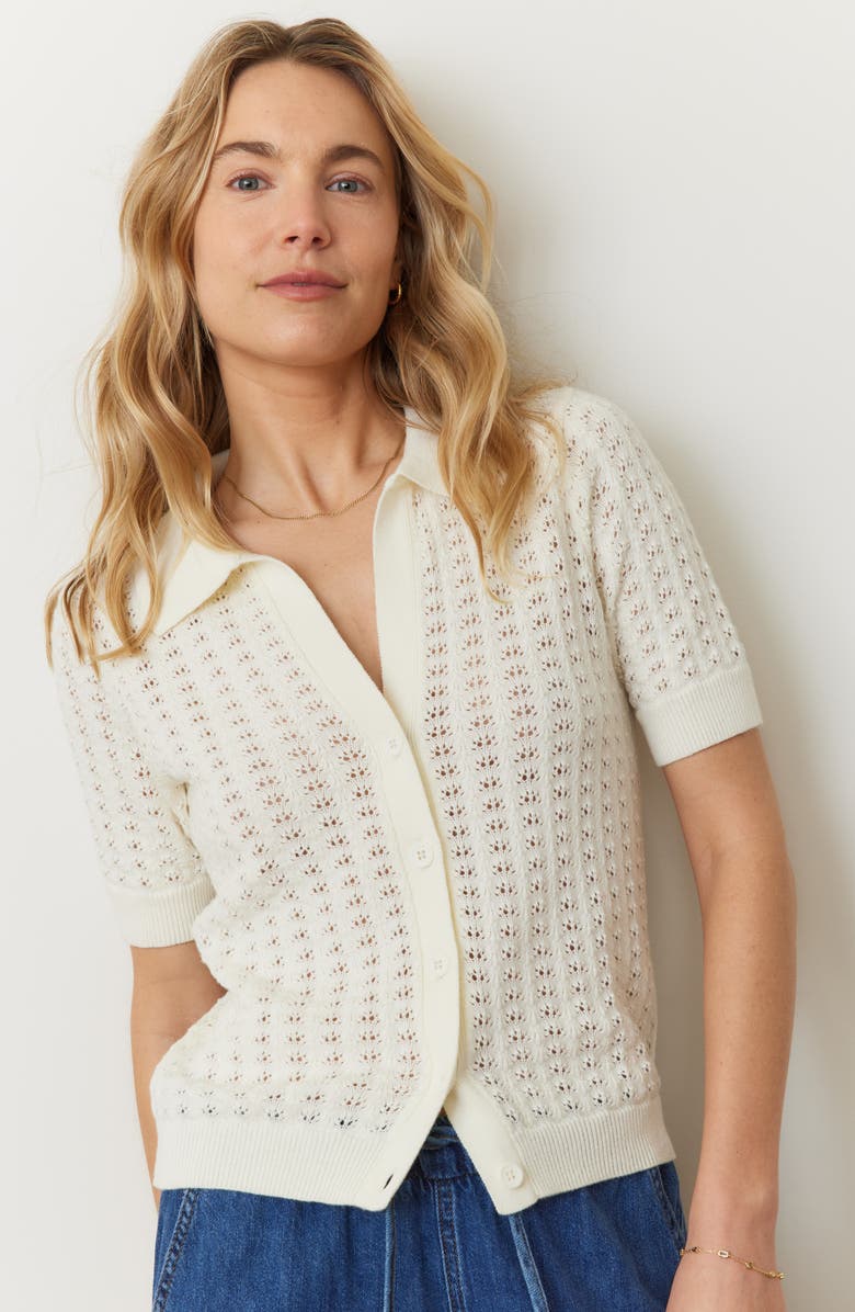 Marine Layer Piper Pointelle Stitch Cotton Button-Up Shirt, Alternate, color, Cream