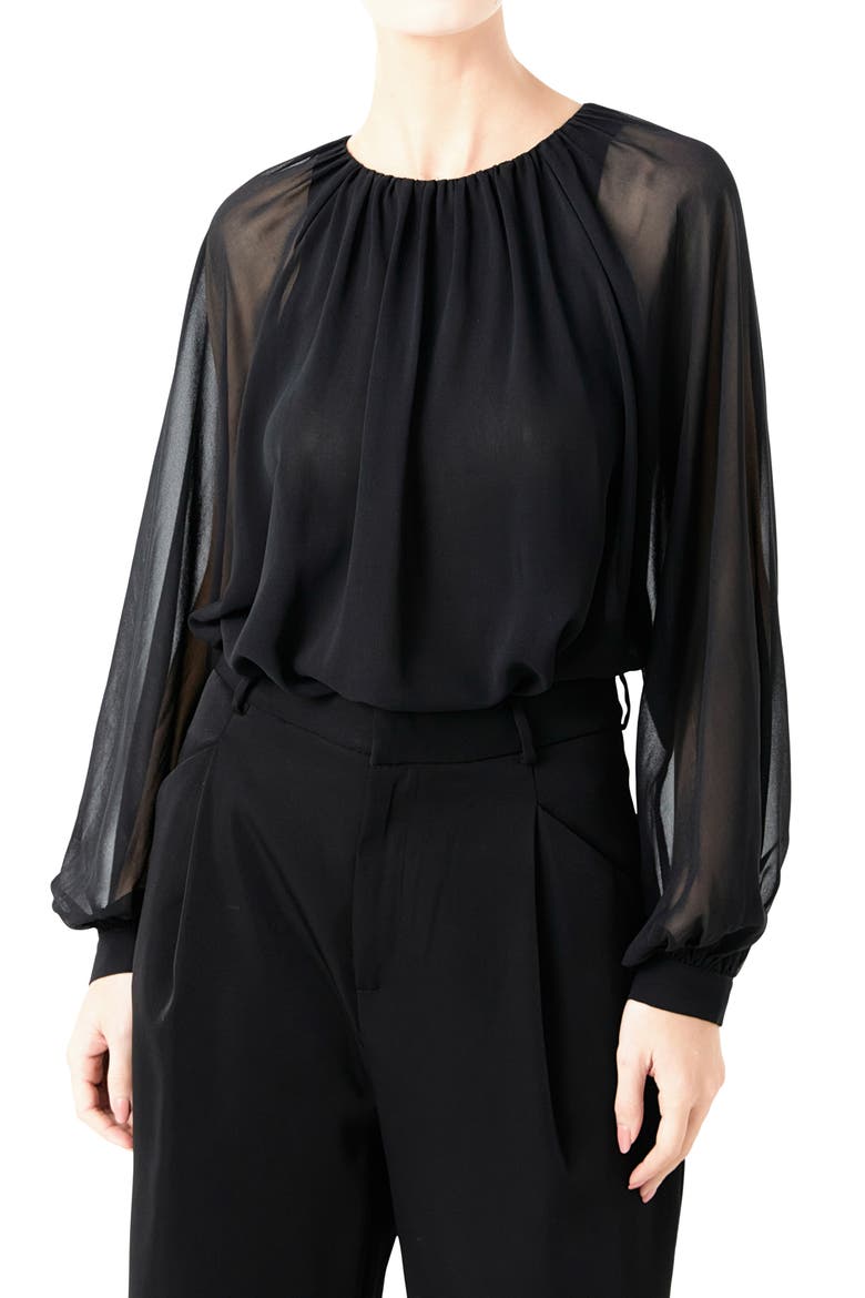 Sheer Sleeve Blouson Bodysuit, Alternate, color, BLACK