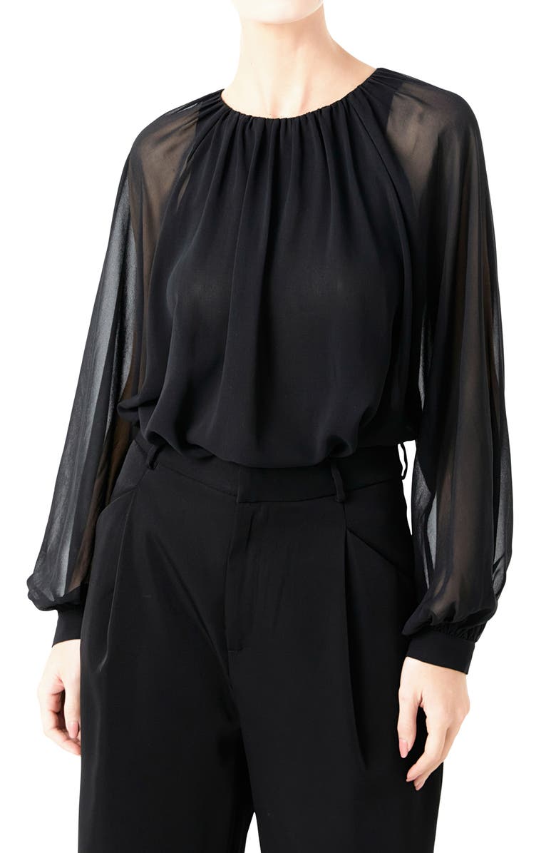 Endless Rose Sheer Sleeve Blouson Bodysuit, Alternate, color, Black