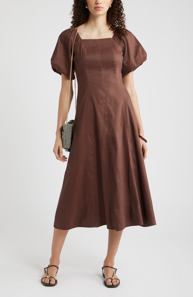Nordstrom Seam Detail Linen Blend Midi Dress, Main, color, Brown Roast