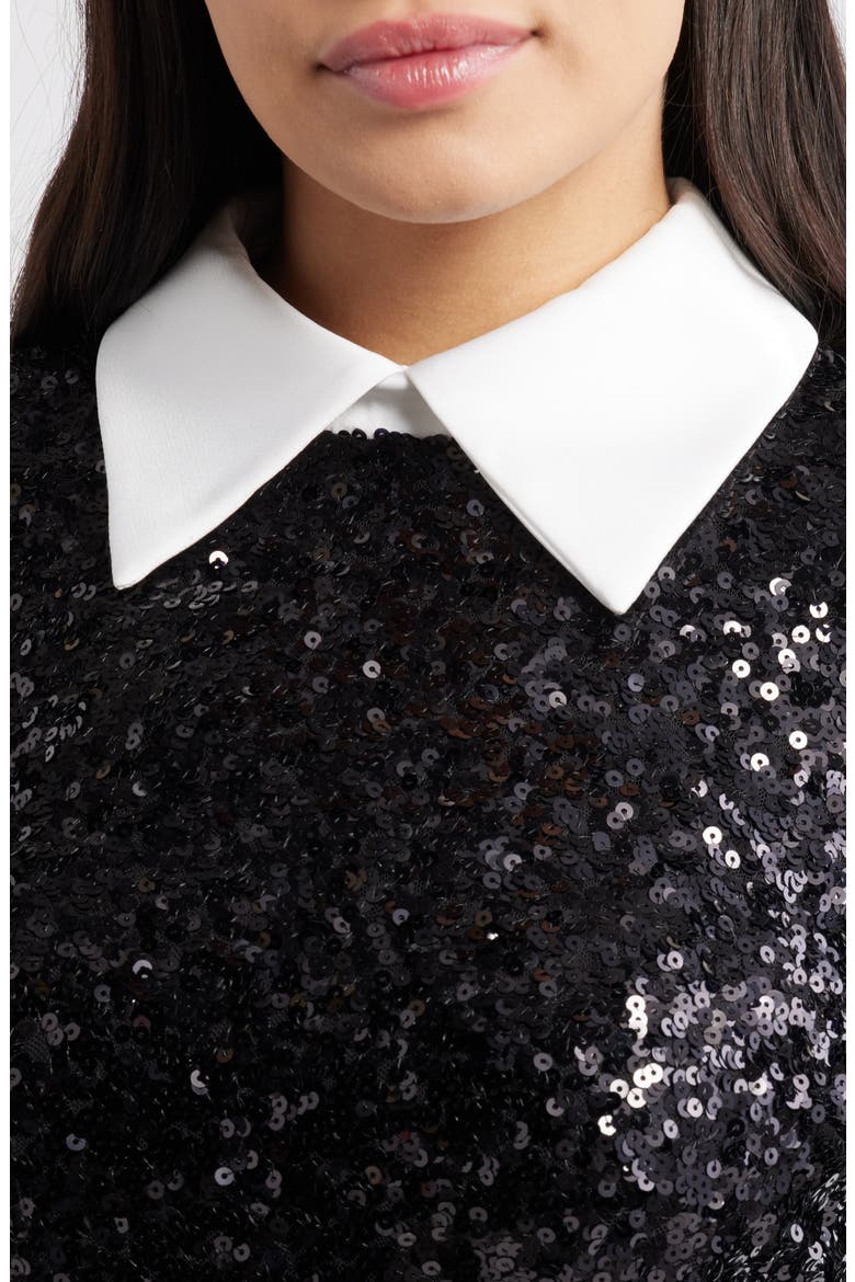 Collared Long Sleeve Sequin Minidress, Alternate, color, BLACK WHITE
