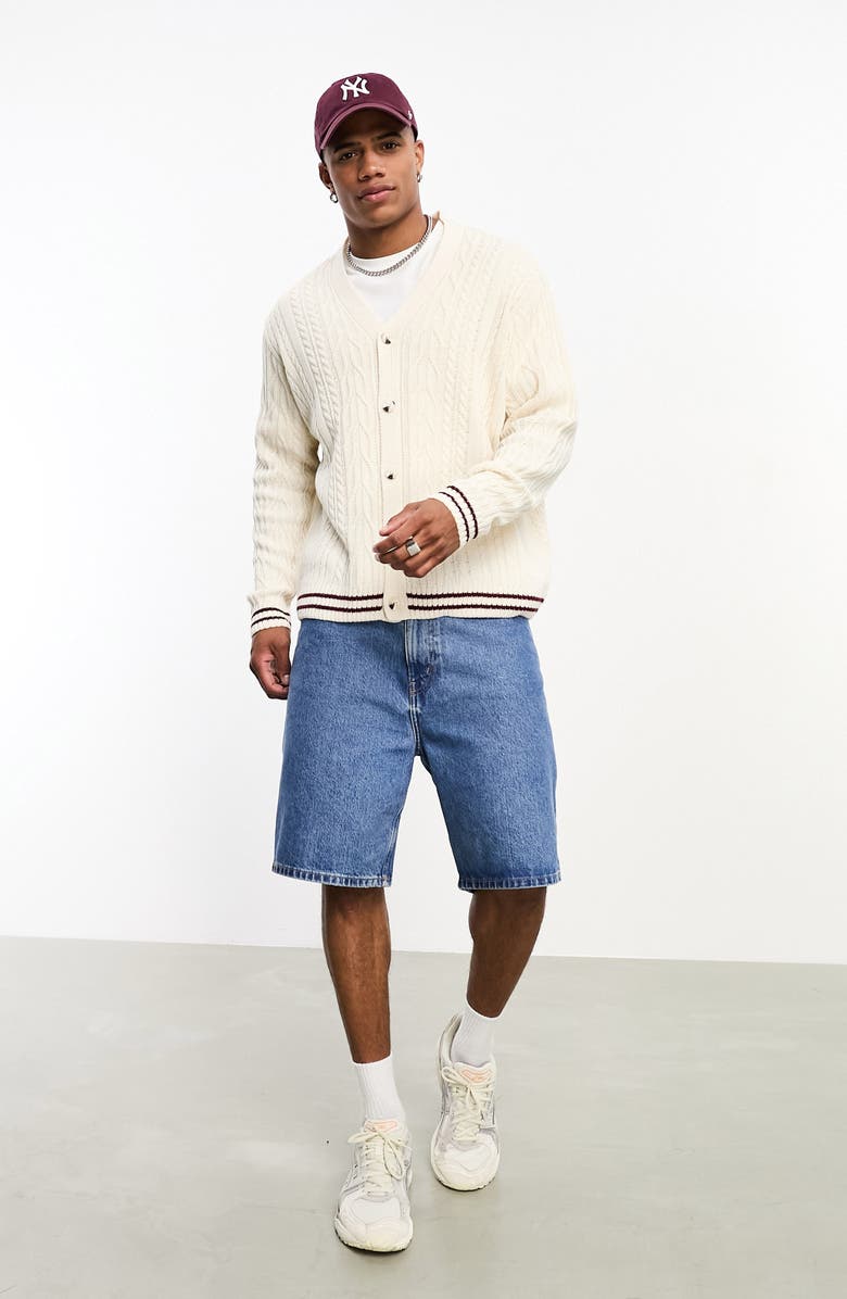 ASOS DESIGN Tipped V-Neck Cable Cricket Cardigan, Alternate, color, 