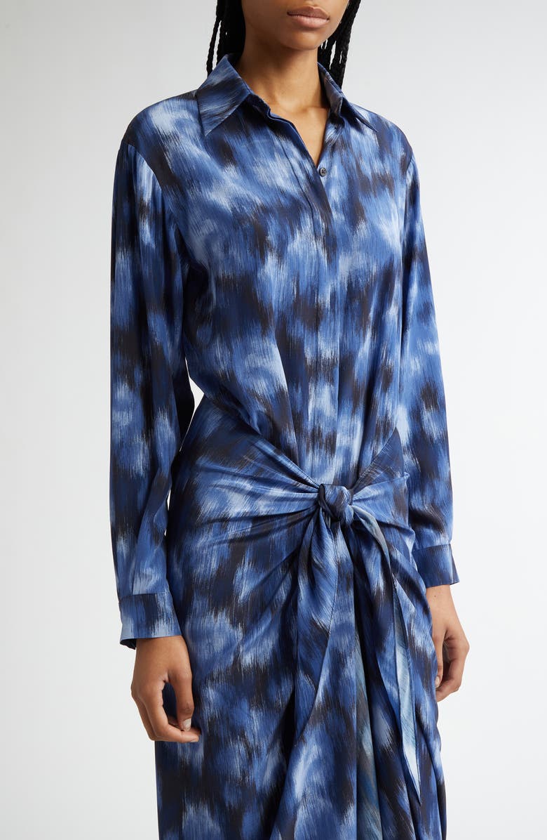 Michael Kors Collection Abstract Print Tie Front Long Sleeve Shirtdress, Alternate, color, Riviera/ Black