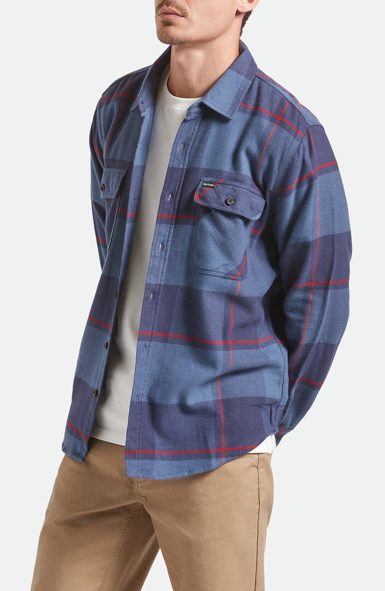 Brixton Bowery Plaid Flannel Button-Up Shirt, Alternate, color, Bering Sea/Indigo/Adrenal