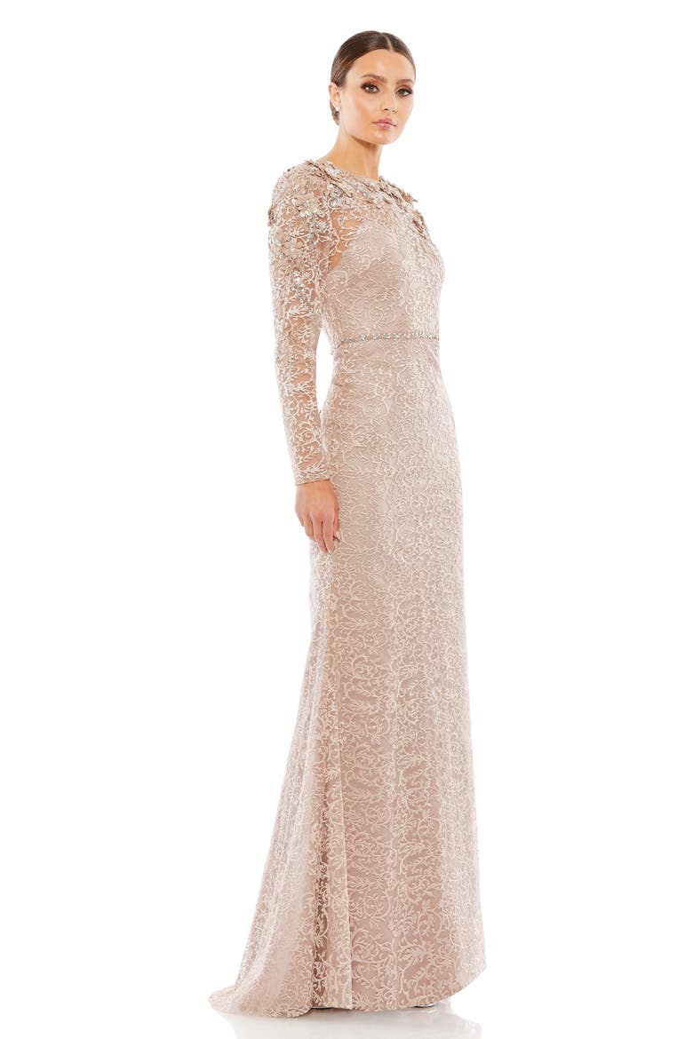 Floral Filigree Long Sleeve Gown, Alternate, color, BEIGE