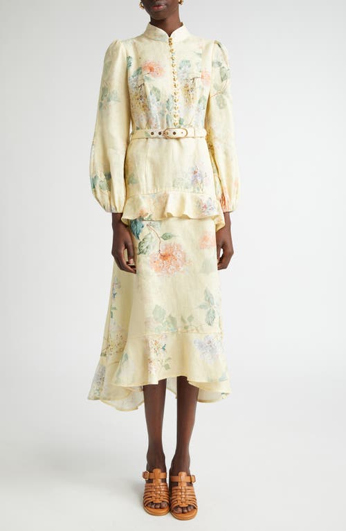 Zimmermann Floral Print Belted Linen Midi Dress In Lemon Hydrangea